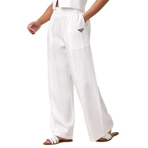 Pantalon Palazzo Femme Taille Mi-Haute Ample en Crêpe à Jambes Larges, Taille Élastique, Décontracté, Respirant, Séchage Rapide, Idéal Été, Voyage, avec Poches, Vacances - Product Image 1