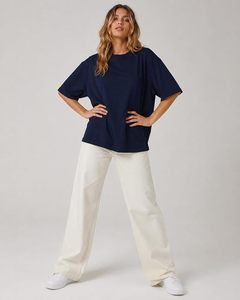 T-shirt ample à col rond pour femme, couleur unie, coupe ample, manches courtes, 100% coton jersey, respirant, à porter toute l'année - Product Image 3
