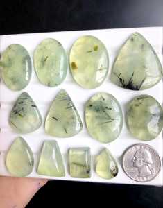 Natural Green Prehnite Cabochon Loose Gemstones Wholesale Natural Prehnite with Black Tourmaline Inclusion for Jewelry Making - Product Image 5