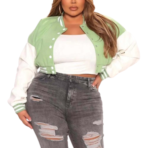 Women Wool Varsity <b>Jacket</b> Cow Skin Leather Full Sleeves Custom Logo Winter <b>Cropped</b> Bomber Varsity <b>Jacket</b> - Product Image 4