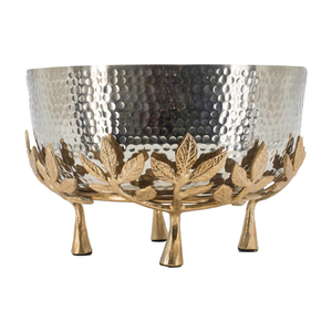 Frutero de Metal Plateado con Diseño Martillado y Base Decorativa con Ramas Florales Doradas, Acabado en Dos Tonos, Centro de Mesa Decorativo - Product Image 3