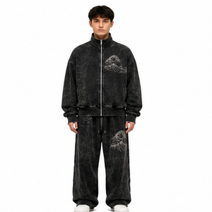 Sweat-shirt oversize en molleton/coton délavé à l'acide, couleur noire, col montant premium, épaules tombantes, pull d'hiver style streetwear, le plus vendu - Product Image 1