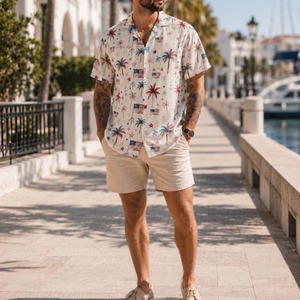 Chemise hawaïenne pour hommes à manches courtes, imprimé palmiers et drapeaux, col rabattu, chemises d'été respirantes - Product Image 6