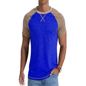 Men's <b>Raglan</b> Sleeve Solid Cotton Jersey T-Shirt O-Neck Regular Fit Casual <b>Top</b> Contrast Trim Color Blocked Design - Product Image 2