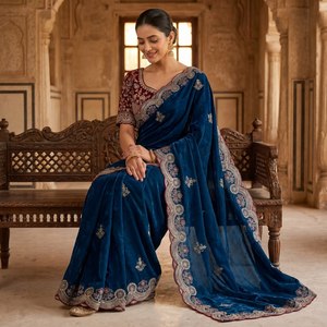 Fendy <b>Satin</b> <b>Saree</b> with Heavy Embroidery Sequence Border Fully Stitched Premium Embroidered Blouse Wedding Party Wear <b>Saree</b> - Product Image 3