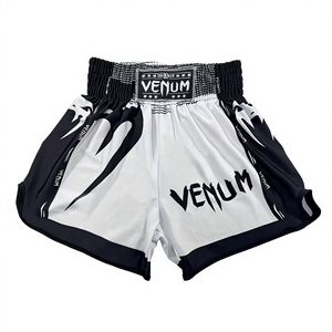 Shorts de boxe unisexe blanc et noir, imprimé par sublimation, respirant, séchage rapide, 100 % polyester, vêtements d'arts martiaux, logo avant, coupe ample - Product Image 4