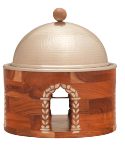Casserole moderne avec extérieur en bois, couvercle en acier inoxydable poli, pour buffet, écologique, compatible gaz et induction, blanche - Product Image 1