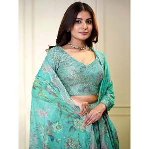 Exquisite <b>Turquoise</b> Sequins Organza Wedding Apparel-Lehenga Choli - Product Image 3