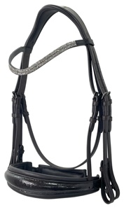 Brida de cuero negro para caballo con frontal de cristal y correa de nariz de charol, diseño adornado de alta calidad. - Product Image 3