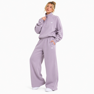 Contrast Piping <b>Women's</b> Pullover Mock Collar <b>Quarter</b> <b>Zip</b> Hoodies & Wide Sweatpants Sets Bulk Manufacturer Custom Logo Fleece OEM - Product Image 1