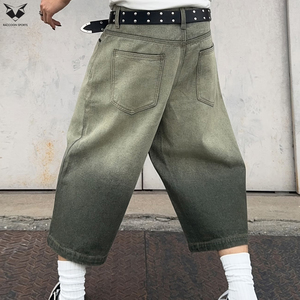 2026 Fashion Men's <b>Green</b> Gradient Wash <b>Denim</b> Jorts Vintage Loose Fit Wide Leg <b>Denim</b> <b>Shorts</b> Streetwear Custom Logo Cargo Jorts - Product Image 4