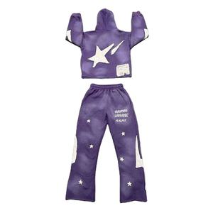 Style frais fabricants OEM Logo personnalisé hommes sweats à capuche et pantalons empilés en détresse impression droite Vintage Streetwear survêtements - Product Image 1