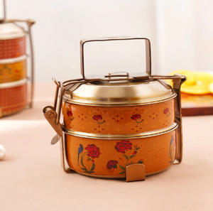 Rose motif brass tiffin <b>box</b>, 3 tier vintage lunch <b>box</b>, black orange floral food carrier, available at wholesale prices. - Product Image 4