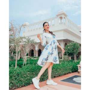 Vestido con Estampado Floral en Azul Escarchado, Transpirable, Cintura Imperio, Talla XS, para Uso Diario - Product Image 6