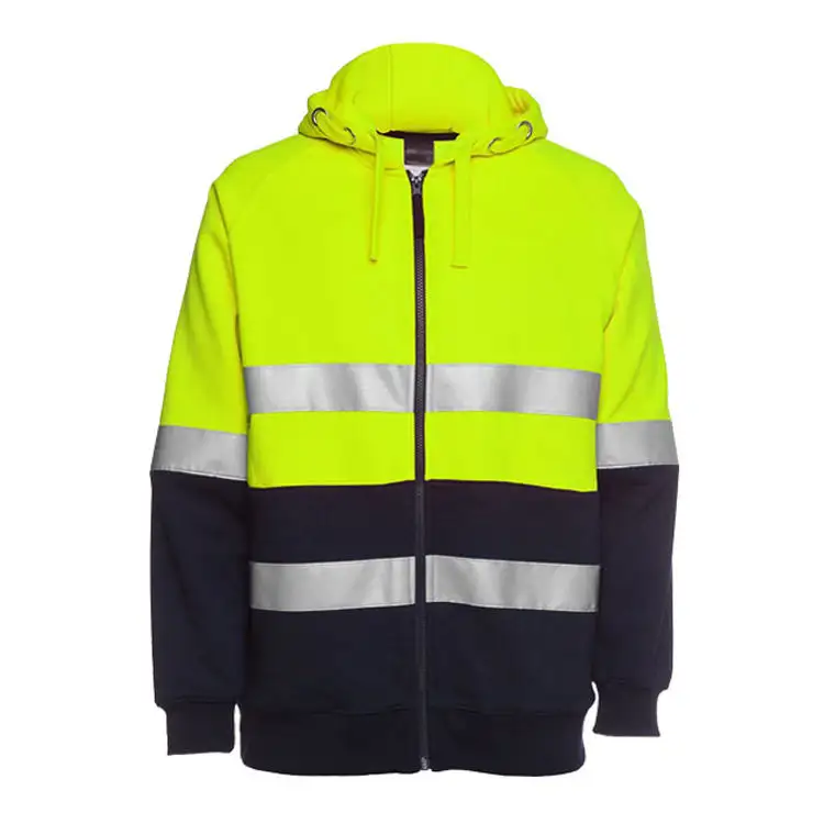 Hi Vis Safety Fleece Zip Hoodie Sweatshirt ANSI Class 3 Reflective with Black Bottom for Men Hi-Vis Lime Zipper Sweatshirt