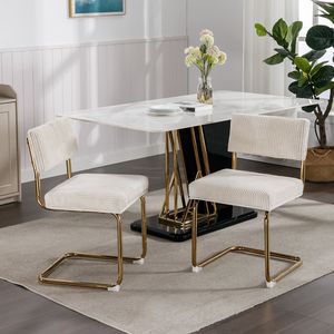 Furniture Modern Dining <b>Chairs</b> Corduroy Fabric <b>Gold</b> Metal Base Accent Armless Kitchen Side <b>Chairs</b> Channel Tufting Set 2 - Product Image 1