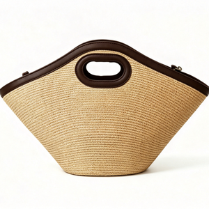 Customized natural <b>straw</b> cut‑out handle tote <b>bag</b>, dark brown faux leather trim, trapezoid wide silhouette, woven summer <b>beach</b> - Product Image 2
