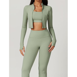 Conjunto Deportivo de Mujer de Alta Elasticidad y Suavidad, Leggings de Cintura Alta, Top Deportivo Corto, Chaqueta con Cierre y Orificios para Pulgares - Product Image 2