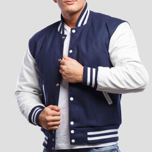 Veste universitaire pour homme bleu marine et blanc, veste de baseball personnalisée, veste bomber universitaire avec manches en cuir PU, fabricant OEM - Product Image 2