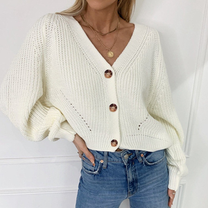 <b>Women</b> V Neck Knitted <b>Cardigan</b> Lantern Sleeve <b>Button</b> Closure Solid Color Casual Winter Sweater 100% Acrylic Full Sleeve - Product Image 4