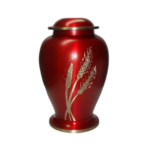 Urnas funerarias de latón de alta calidad para adultos con grabado de trigo, acabado en oro y rojo oscuro, urnas metálicas para cenizas humanas. - Product Image 1