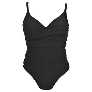 Maillot de bain une pièce brésilien pour femme avec contrôle du ventre, en tissu tissé uni, col en V, bordure en dentelle, respirant, noir - Product Image 4