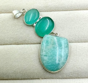 Pendentif artisanal en argent sterling 925 avec amazonite naturelle et œil de chat vert, bijoux bohèmes en pierres précieuses - Product Image 4