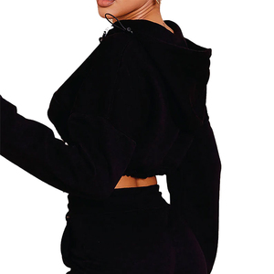 2026 Wholesale Women's Beige <b>Cropped</b> <b>Zip</b>-<b>Up</b> Tracksuit Set Full Sleeve Solid Color Knitted Casual Sweatshirt Pants Winter Wear - Product Image 3