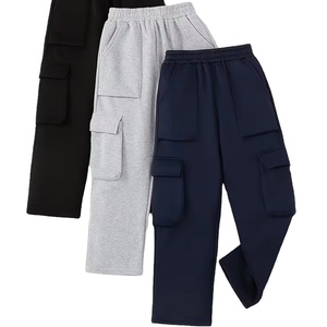 Boys' Autumn/Winter Fleece Heavyweight Windproof Cargo Pants Lining Pockets Elastic Waist Wide Leg for Outdoor Use-Regular Size - Product Image 1