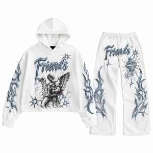 Ensemble sweat à capuche et pantalon unisexe blanc avec imprimé ange et croix, streetwear, coupe ample, 100% coton tricoté, vêtements d'automne - Product Image 1
