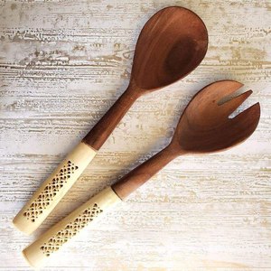 Bamboo salad <b>server</b> spoon fork set reusable wooden serving utensils for salad pasta fruit kitchen dining accessories - Product Image 6