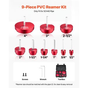 9-Piece PVC Pipe <b>Reamer</b> Kit with Carbide Includes 1/2" 3/4" 1" 1 1/4" 1 1/2" 2" 2 1/2" 3" 4" Fitting Sockets Stand-Friendly - Product Image 2