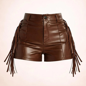 Shorts en cuir pour femme UNIQUE LEATHER, style western, à franges et pompons, pour festival, imperméables, taille élastique, coupe décontractée - Product Image 1
