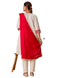 Ivory & Crimson Chanderi Silk Embroidered Kurta Set with Dupatta Traditional Indian Pakistani Salwar Kameez Suit <b>Ankle</b> length - Product Image 4
