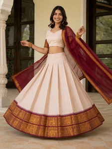 Conjunto de Lehenga Choli tejido con hilo rosa, vestido étnico indio con dupatta con borde color borgoña para MUJERES - Product Image 5