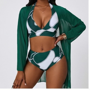 Women Green <b>White</b> Geometric Print 2 Piece <b>Bikini</b> <b>Set</b> Deep V Neck High Waist Push Up Swimwear With Contrast Binding - Product Image 1