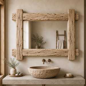 Rustic Reclaimed Solid Wood Wall <b>Mirror</b> Rough Bark Textured Beam Frame Metal Stud Corner Accent Bathroom Vanity Decor Artwork HD - Product Image 3