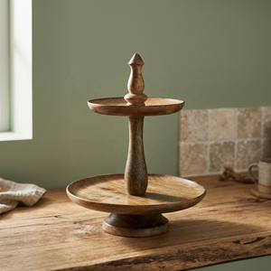 Support à dessert artisanal en bois à 2 niveaux, robuste et rustique, idéal pour gâteaux, cupcakes, fruits, parfait pour la décoration de la table de cuisine - Product Image 1
