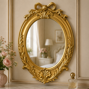 Espejo de Pared con Marco de Madera Tallado a Mano, Estilo Antiguo, Acabado Dorado, Espejo Decorativo Ovalado para Interiores Elegantes - Product Image 1