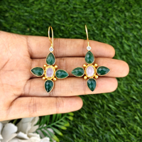 Boucles d'oreilles pendantes en laiton et quartz calcédoine verte, plaqué or 18 carats, style ethnique floral, avec pierres précieuses, faites à la main, pour femme, idéales pour mariage