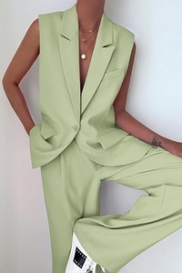 Women Sleeveless <b>Blazer</b> <b>Set</b> Solid Color Wide Leg Pants Two Piece Suit Formal Spring Summer Woven Fabric Notched Collar - Product Image 4