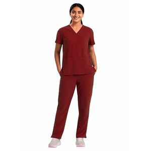 Conjunto de uniforme médico unisex color granate con cuello en V y pantalón, tejido de estambre ecológico de elastano/poliéster/rayón, apto para detección por radiofrecuencia. - Product Image 1
