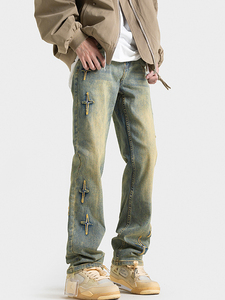 Vaqueros de mezclilla de pierna recta estilo streetwear con detalle de cruz bordada, algodón lavado a la piedra de peso medio, corte ajustado para hombre, estilo otoñal - Product Image 3