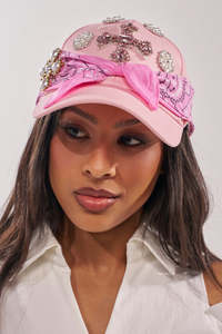 Casquette de baseball rose avec croix en strass, nœud en perles, ajustable, 6 panneaux, 100% coton, chapeau tendance unisexe, style décontracté printemps-été - Product Image 3