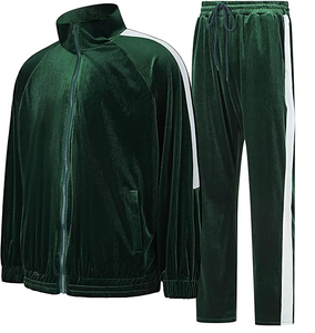 Men's Green <b>Velvet</b> <b>Tracksuit</b> Full Zip Side Pockets Casual Regular Fit Autumn Sporty Style Adult Solid Color Long Sleeve - Product Image 4