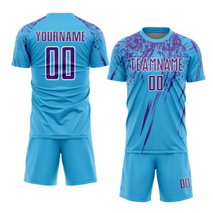 Conjunto de Camiseta de Fútbol 3D con Estampado por Transferencia de Calor Personalizado, Cuello en V Geométrico Azul, Manga Corta, Absorbe la Humedad, 100% Poliéster, Unisex - Product Image 1
