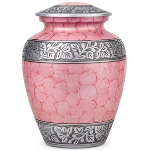 Aluminium Hand Carved Pink Crackle Enamel Metal Funeral Urn Large Adult Cremation Ashes Container <b>Box</b> Silver Floral Engraved. - Product Image 1