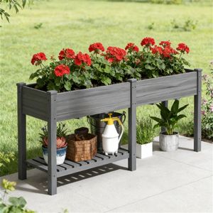 Bacs de jardin surélevés en bois gris avec rangements et abris pour la plantation - Product Image 1