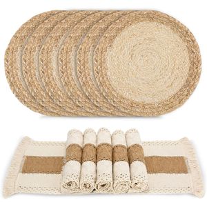 Set di 6 Tovagliette Artigianali Boho in Macramè, Combinazione di Cotone Naturale, Iuta e Paglia Intrecciata, Stile Rustico - Product Image 1