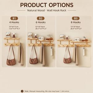 Natural Wood <b>Wall</b> Hook Rack Wooden Coat Hanger Entryway Storage <b>Shelf</b> Bathroom Organizer 4 6 8 Hooks - Product Image 1